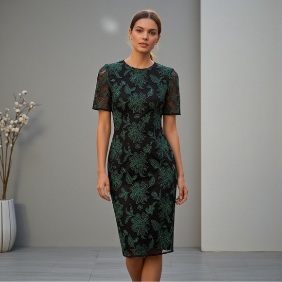 Tory Burch Dresses & Skirts - NWOT Tory Burch Blue Lace Appliqué Fishnet Sheath Dress Midi - Sz 6 MSRP $400